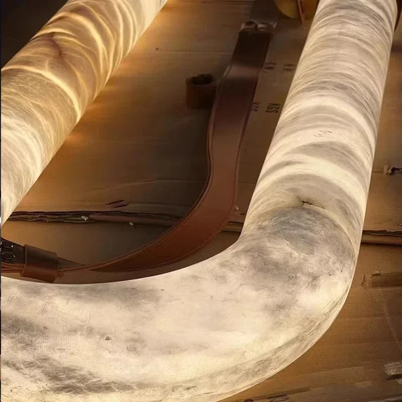 Nordic luxury leather pendant lamp LED marble circular creative art Alabaster ring lamp chandeliers decorative lighting fixtures-4
