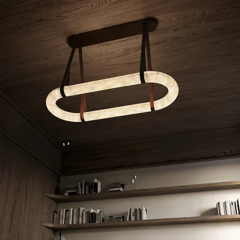 Nordic luxury leather pendant lamp LED marble circular creative art Alabaster ring lamp chandeliers decorative lighting fixtures-0