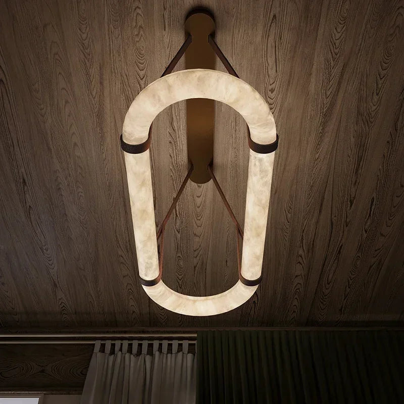 Nordic luxury leather pendant lamp LED marble circular creative art Alabaster ring lamp chandeliers decorative lighting fixtures-2