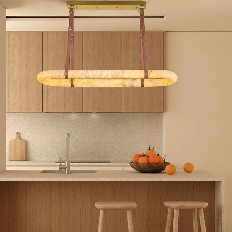 Nordic luxury leather pendant lamp LED marble circular creative art Alabaster ring lamp chandeliers decorative lighting fixtures-1